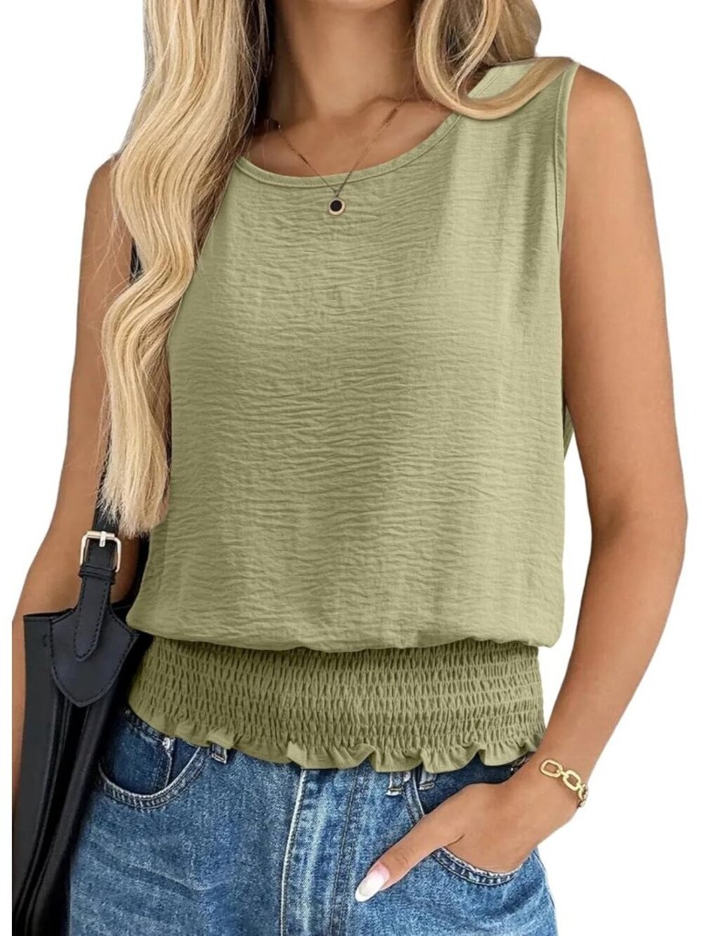 Women's Tops Sage Green Summer Casual Sleeveless Slim Fit Smocked Bottom Shirts
